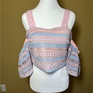 Foxiedox‎ XOXO Y2K Lace Cold Shoulder Crop Top Pink Blue Flared Sleeve Blouse